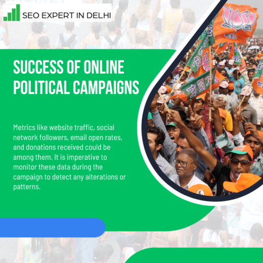 A graphic showcasing the importance of metrics in the success of online political campaigns, featuring an image of a political rally with supporters holding party flags.